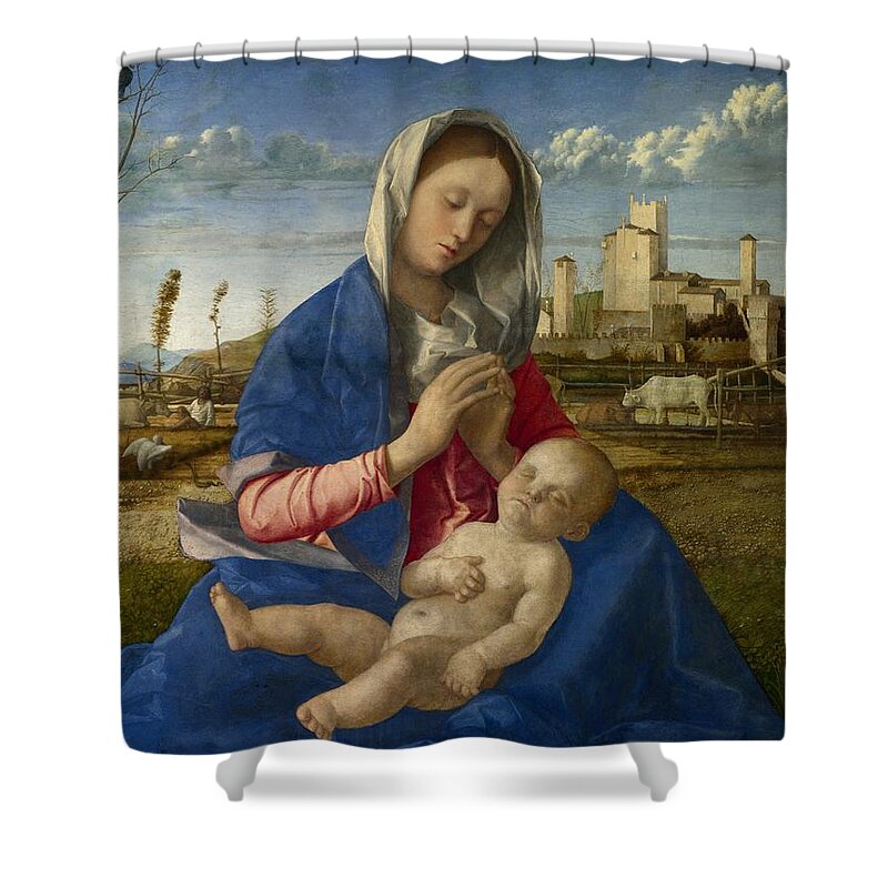 Child Jesus Shower Curtain featuring the painting Madonna of the Meadow. Oil on canvas, transferred from wood, 1505. 67,3 x 86,4 cm. GIOVANNI BELLINI. by Giovanni Bellini -1430-1516-