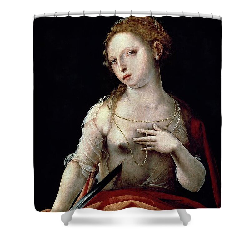 Maestro Del Papagayo Shower Curtain featuring the painting Maestro del Papagayo / 'The Death of Lucretia', 1501-1550, Flemish School, Oil on panel. LUCRECIA. by Maestro del Papagayo -16th cent -