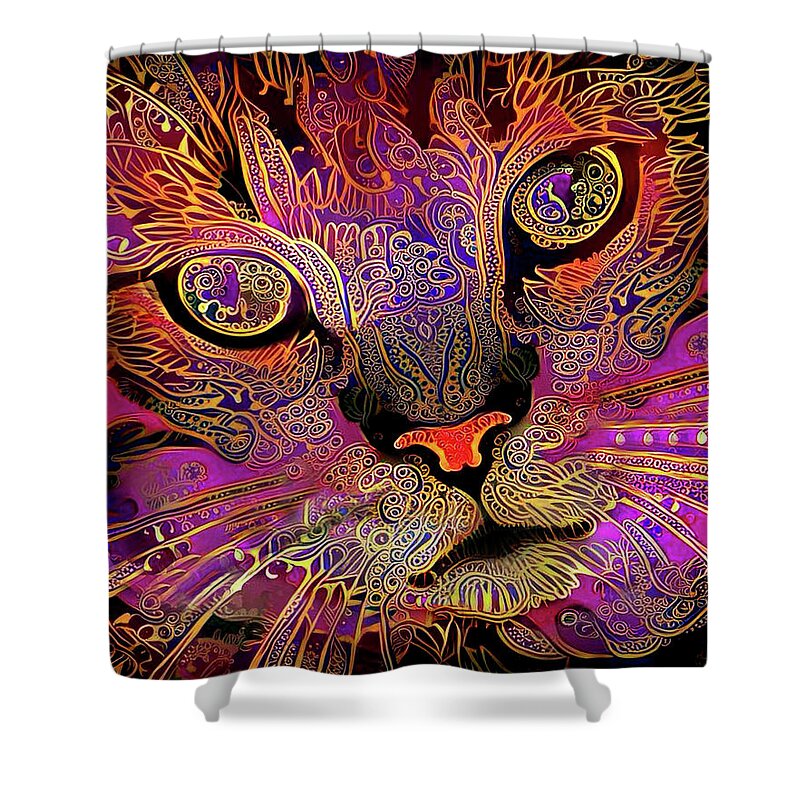 Cat Shower Curtain featuring the digital art Maggie May the Magenta Tabby Cat by Peggy Collins