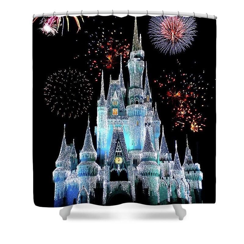 Castle Shower Curtain featuring the photograph Magic Kingdom Castle In Frosty Light Blue with Fireworks 06 by Thomas Woolworth