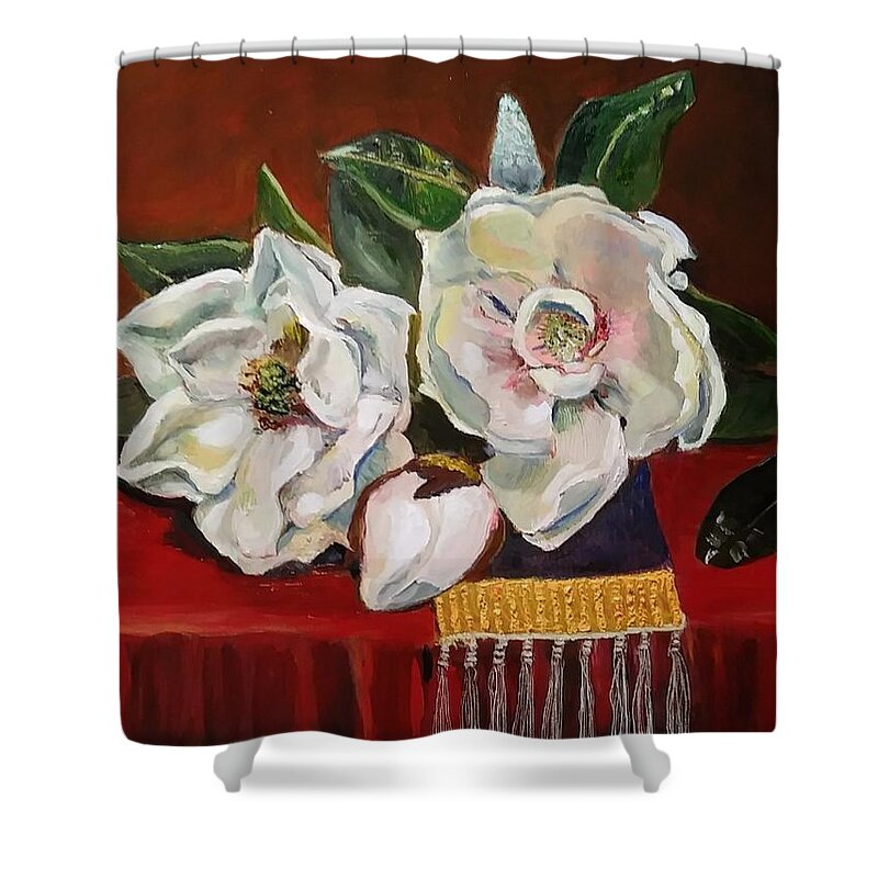 Magnolia Blooms Shower Curtain featuring the painting Magnolias by Mike Benton