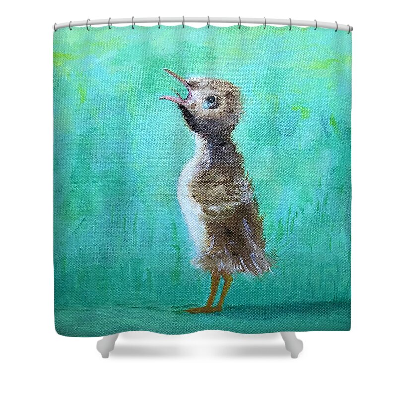 Duckling Shower Curtain featuring the painting Mama, where are you? by Deborah Naves