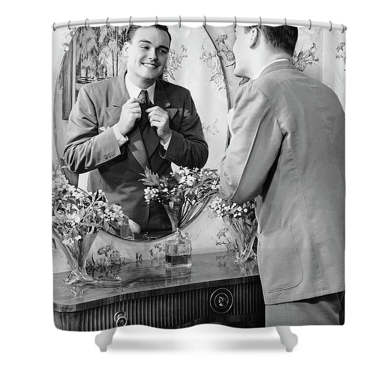 Three Quarter Length Shower Curtain featuring the photograph Man Checking Himself Out In Mirror by George Marks