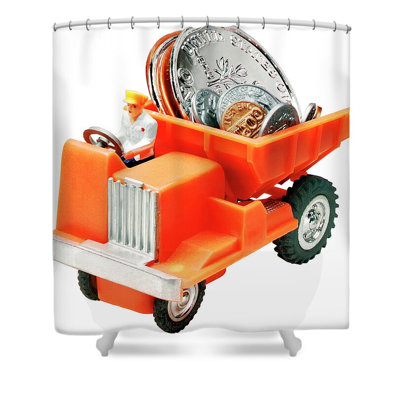 Adult Shower Curtain featuring the drawing Man Driving Coins in Dump Truck by CSA Images