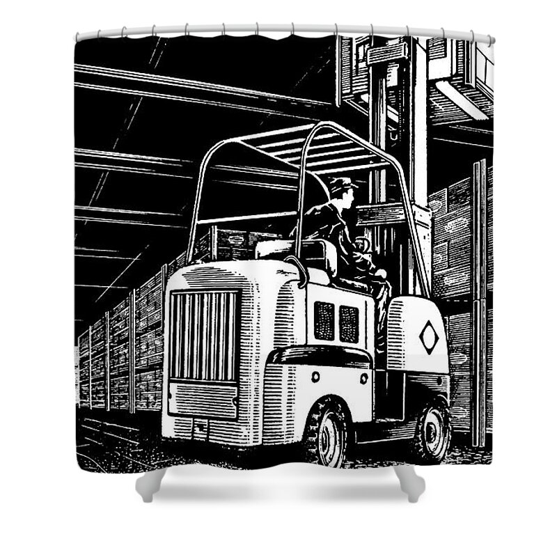 Adult Shower Curtain featuring the drawing Man Driving Forklift in Warehouse by CSA Images