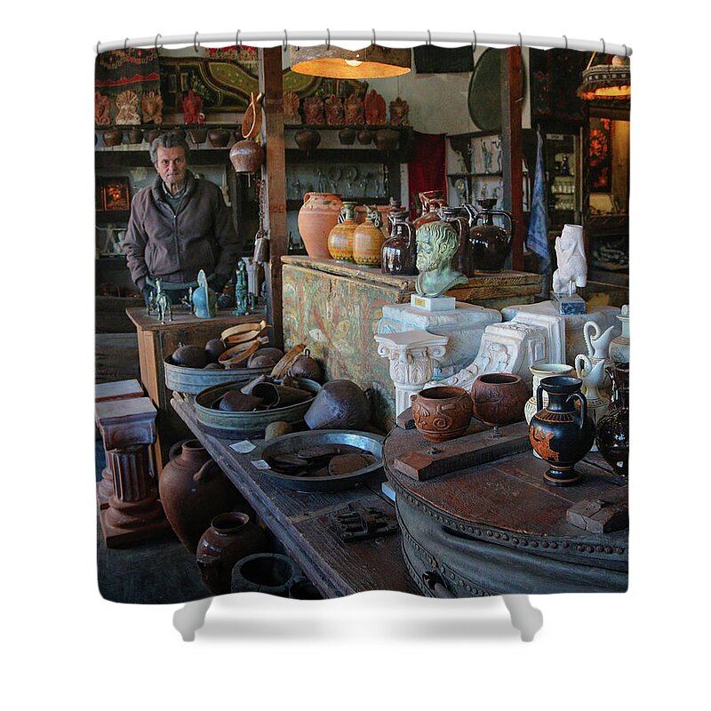 Greece Shower Curtain featuring the photograph Man in Shop in Delphi by M Kathleen Warren