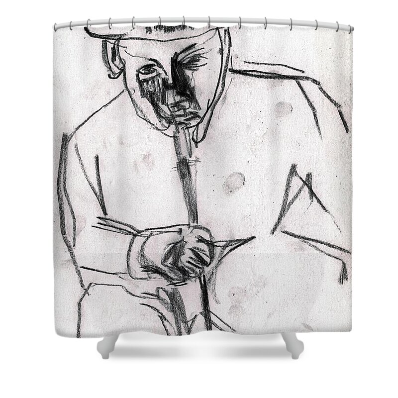 Hat Shower Curtain featuring the drawing Man in top hat and cane by Edgeworth Johnstone