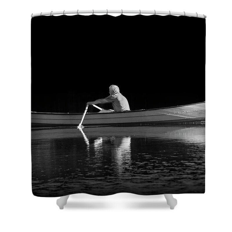 Oarsman Shower Curtain featuring the photograph Man rowing on Stoney Lake at Sunrise in Black and White by Randall Nyhof