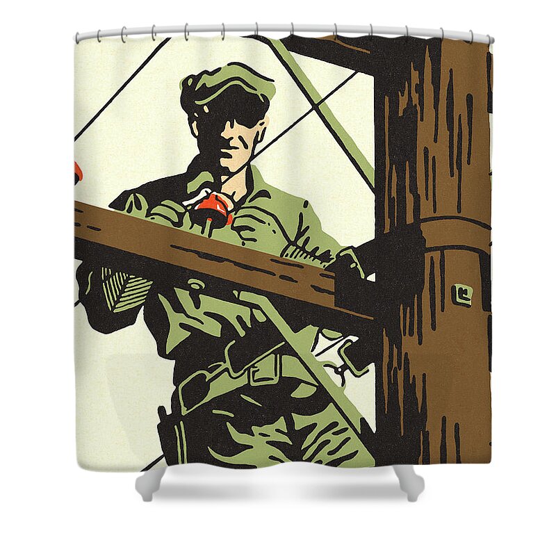 Adult Shower Curtain featuring the drawing Man Working on a Power Line by CSA Images
