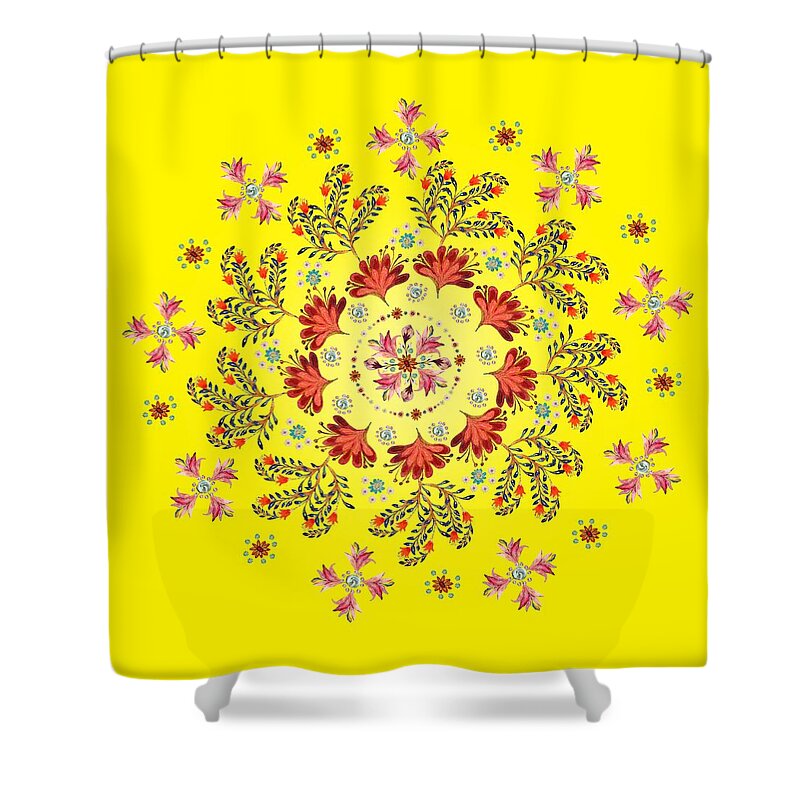 Mandala Shower Curtain featuring the digital art Mandala flowering series#3. Yellow by Elena Kotliarker