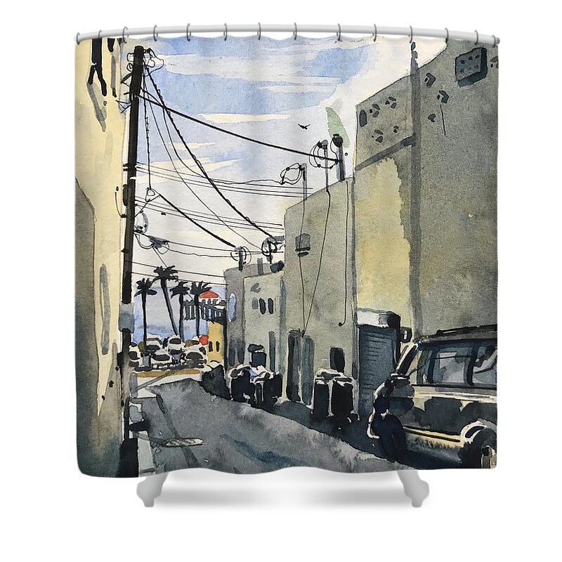Manhattan Beach Shower Curtain featuring the painting Manhattan Beach Alley #1 by Luisa Millicent