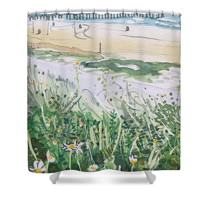 Manhattan Beach Shower Curtain featuring the painting Manhattan Beach Pier by Luisa Millicent