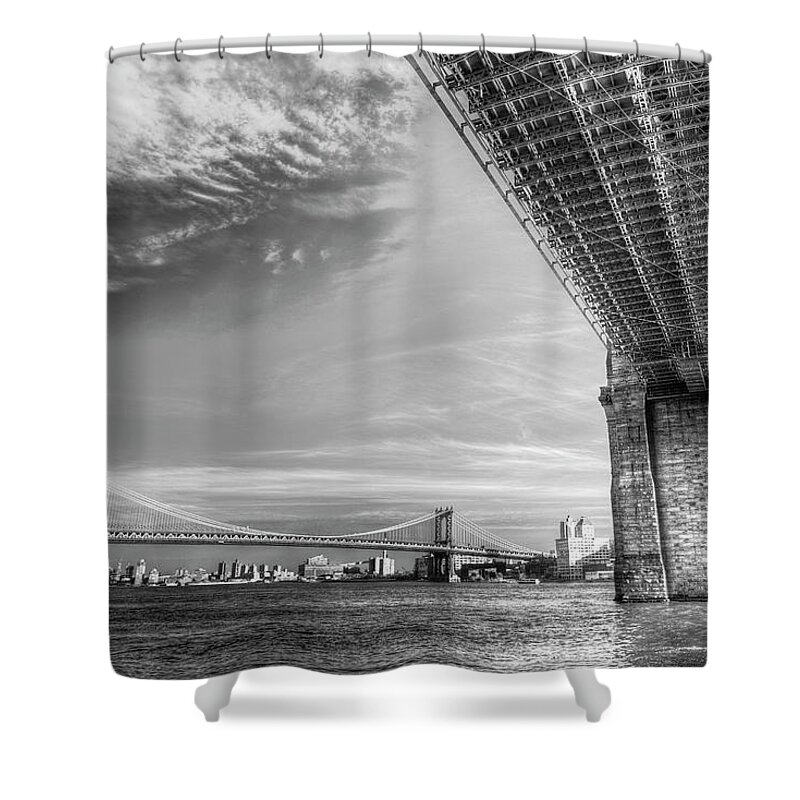 Brooklyn Bridge Shower Curtain featuring the photograph Manhattan Bridges And Brooklyn Bridges by David Pyatt