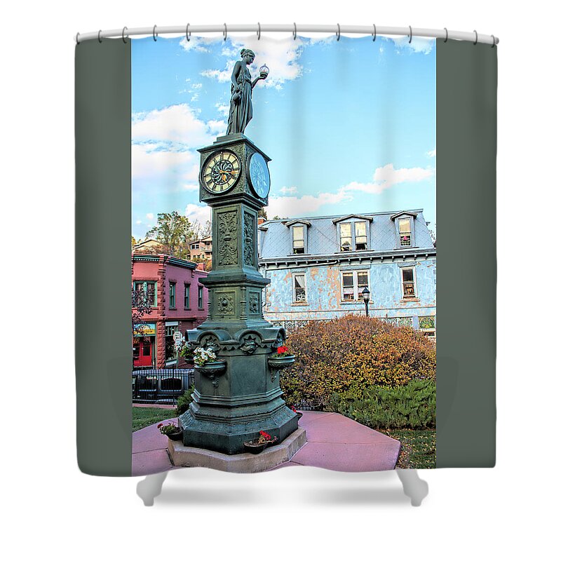 Manitou Springs Shower Curtain featuring the photograph Manitou Springs Wheeler Clock by Kristia Adams