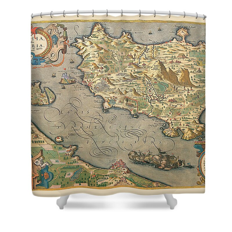 Ortelius Shower Curtain featuring the painting Map of a Mediterranean Island by A. Ortelius