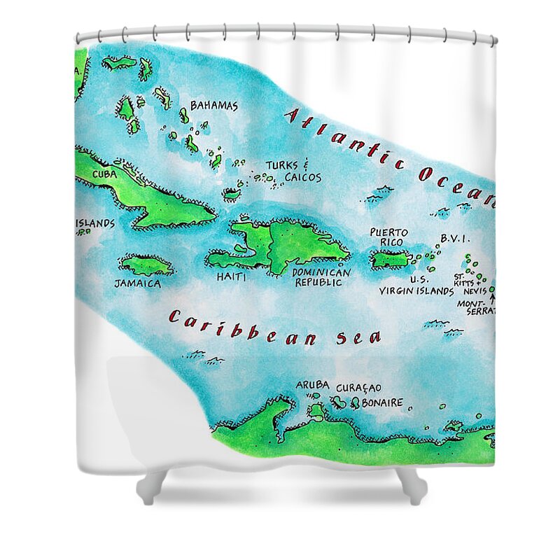Watercolor Painting Shower Curtain featuring the digital art Map Of Caribbean Islands by Jennifer Thermes