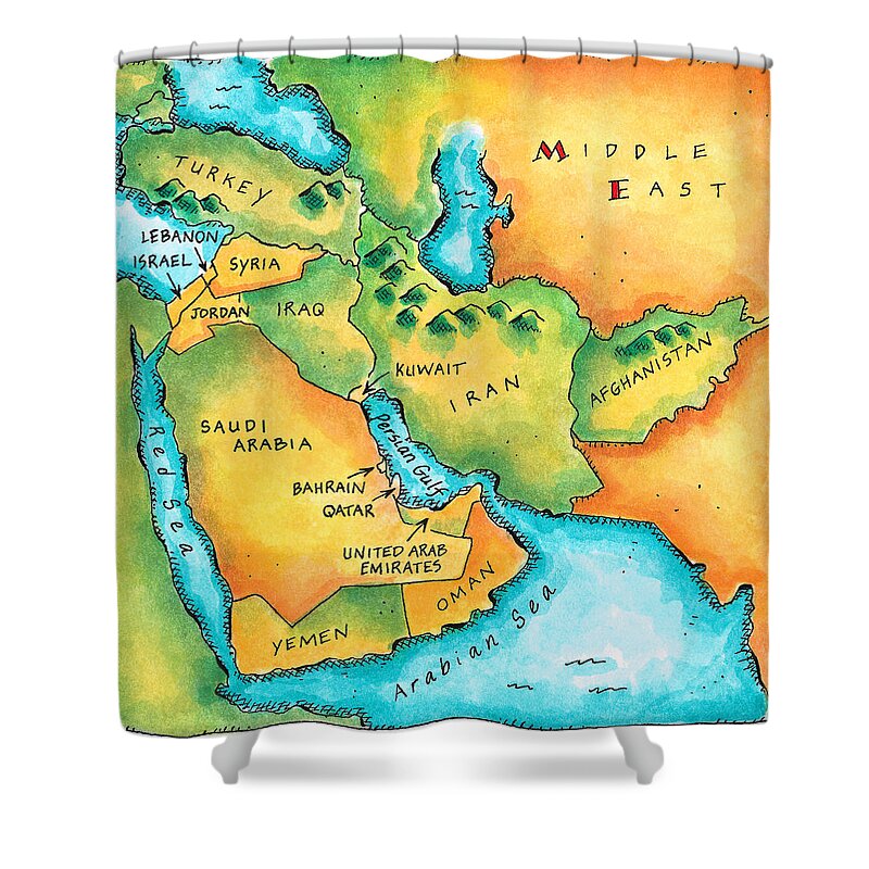Watercolor Painting Shower Curtain featuring the digital art Map Of The Middle East by Jennifer Thermes