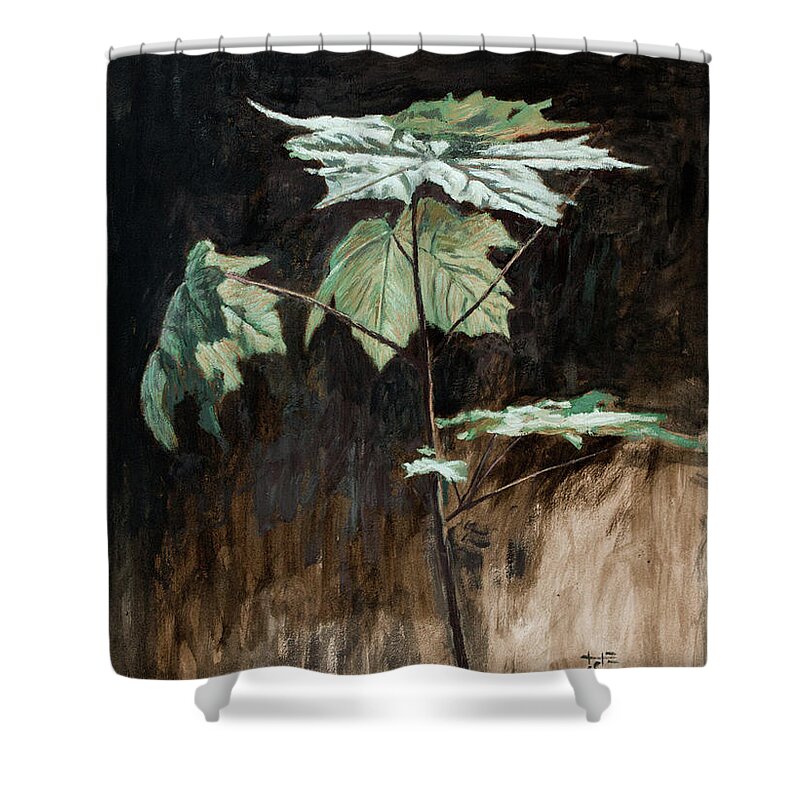 Hans Egil Saele Shower Curtain featuring the painting Maple Sapling with Green Leaves by Hans Egil Saele