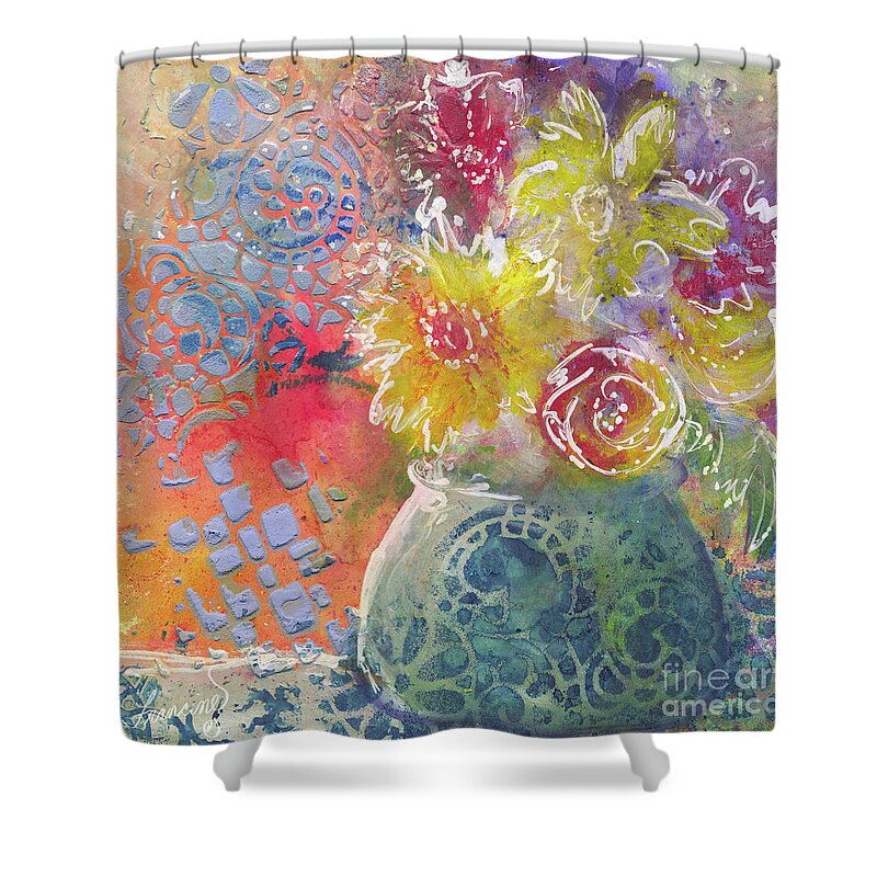Mixed Media Shower Curtain featuring the mixed media Marabu Flowers 1 by Francine Dufour Jones