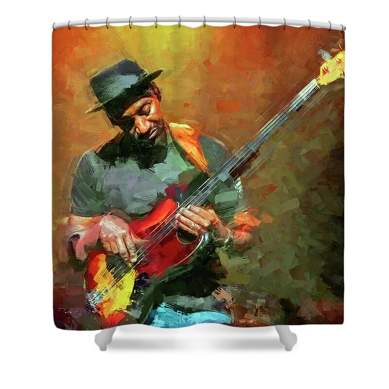 Marcus Miller Shower Curtain featuring the mixed media Marcus Miller Musician by Mal Bray