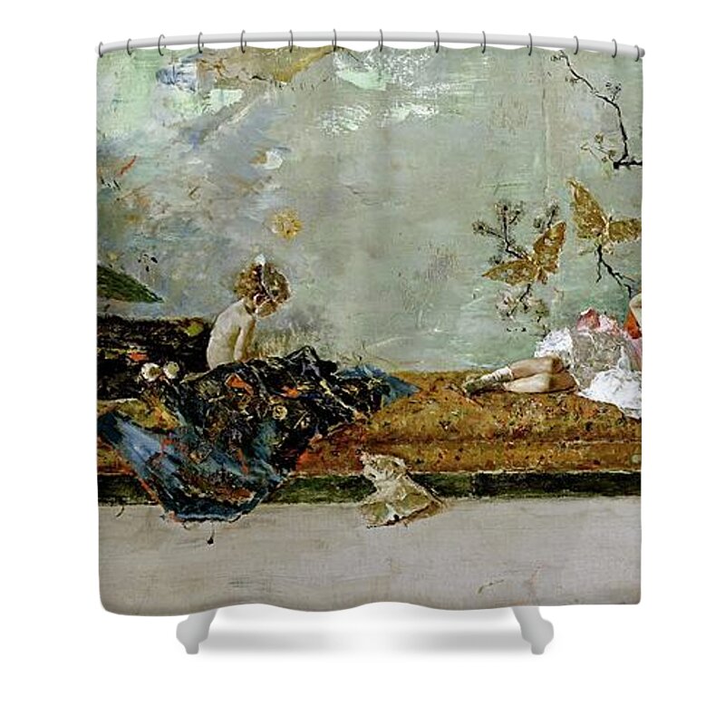 Maria Fortuny Shower Curtain featuring the painting Mariano Fortuny Marsal 'The painter's children, Maria Luisa and Mariano, in the Japanese Room',1874. by Mariano Fortuny y Marsal -1838-1874-