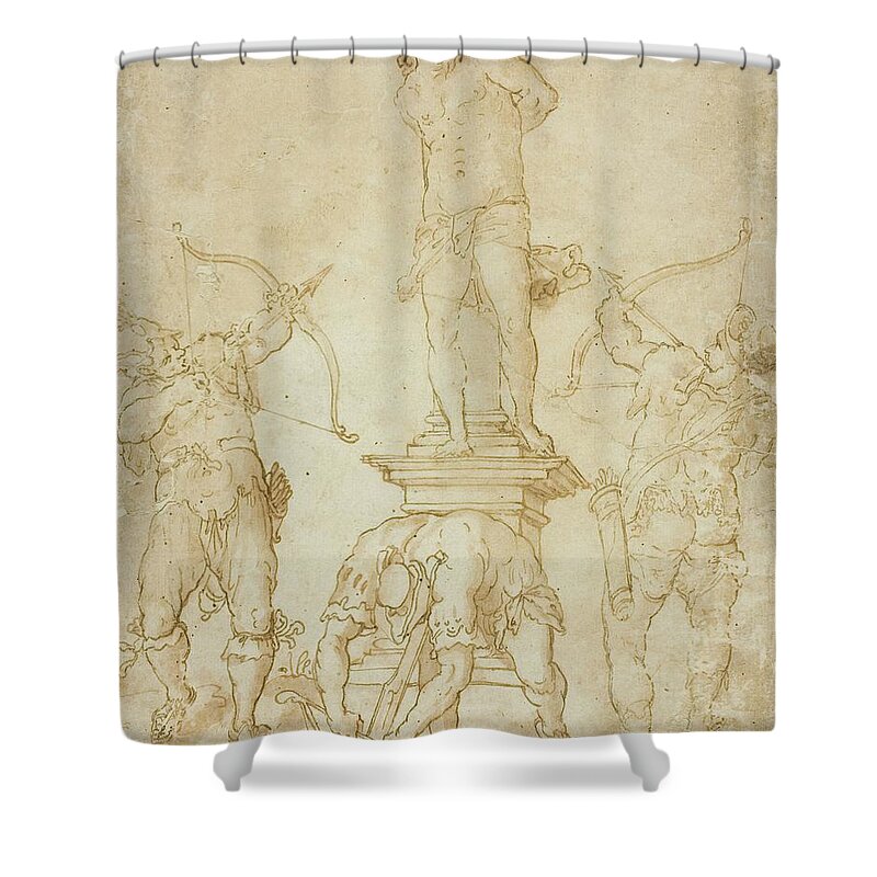 Renaissance Shower Curtain featuring the drawing Martyrdom Of Saint Sebastian by Bartholomaeus Spranger