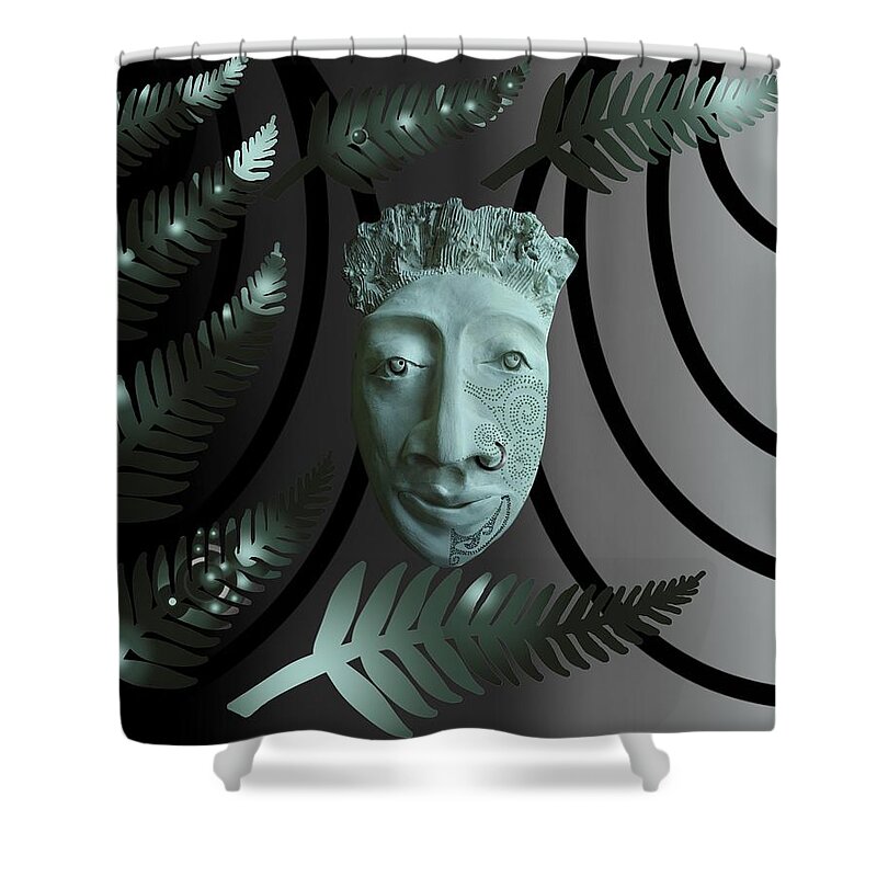 Mask The Maori Warrior Shower Curtain featuring the ceramic art Mask The Maori Warrior by Joan Stratton