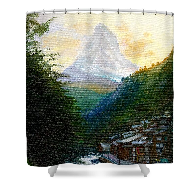 Switzerland Shower Curtain featuring the painting Matterhorn and Zermatt at Dusk by Dai Wynn