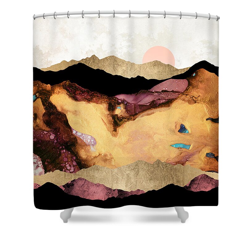 Mauve Shower Curtain featuring the digital art Mauve and Gold Mountains by Spacefrog Designs