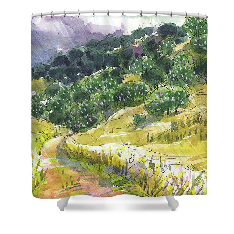 Landscape Shower Curtain featuring the painting May Rain by Judith Kunzle