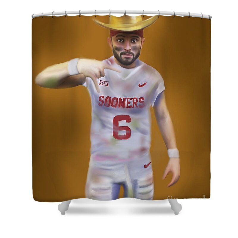 Baker Mayfield Shower Curtain featuring the painting Mayfield Horns Down by Jack Bunds