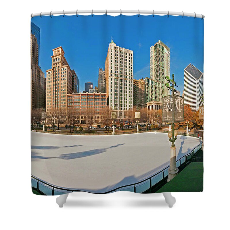 Mccormick Tribune Shower Curtain featuring the photograph McCormick Tribune Plaza Ice Rink and skyline  by Tom Jelen