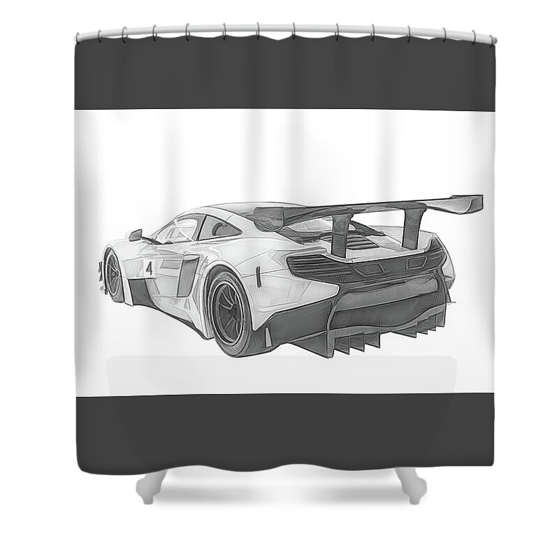 Black Shower Curtain featuring the digital art McLaren 650S Race Car by Rick Deacon