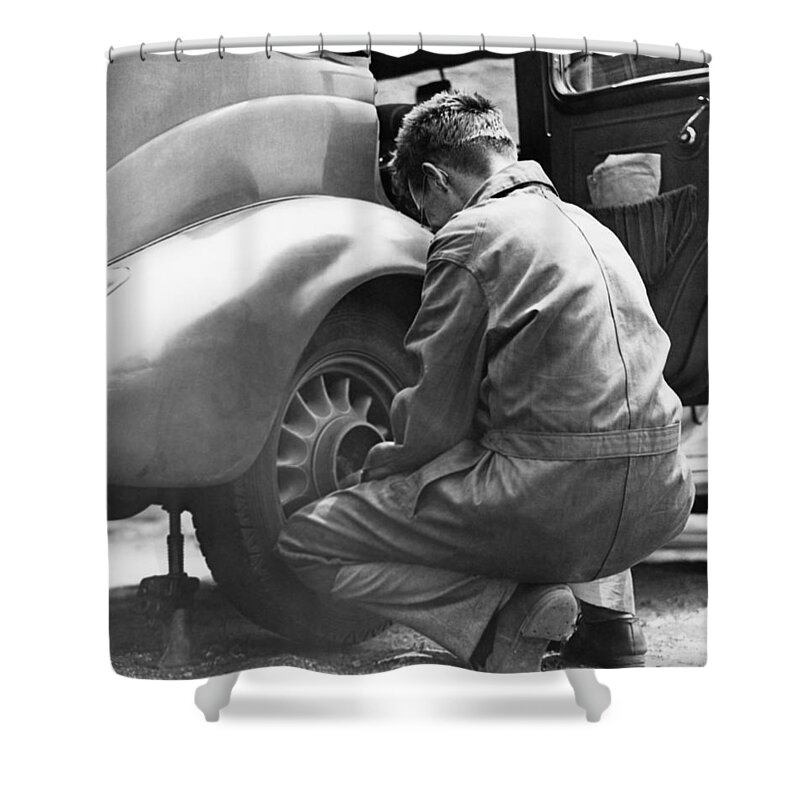 Working Shower Curtain featuring the photograph Mechanic Changing Tire On Car by George Marks