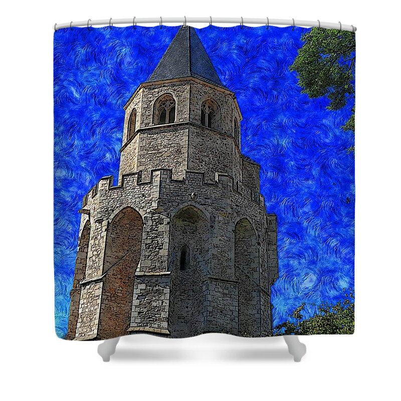 Angel Shower Curtain featuring the digital art Medieval Bell Tower 4 by Jean Bernard Roussilhe