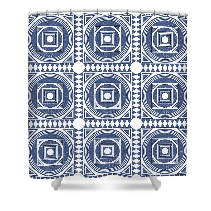 Mediterranean Pattern Shower Curtain featuring the mixed media Mediterranean Pattern 1 - Tile Pattern Designs - Geometric - Blue - Ceramic Tile - Surface Pattern by Studio Grafiikka