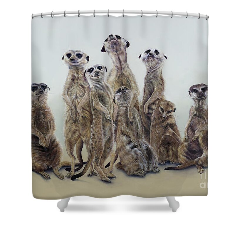 Wildlife Shower Curtain featuring the painting Meerkat mob, sun angels, 2013 acrylic by Odile Kidd