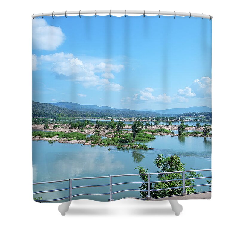 Scenic Shower Curtain featuring the photograph Mekong River and Laos in the Distance DTHU0988 by Gerry Gantt