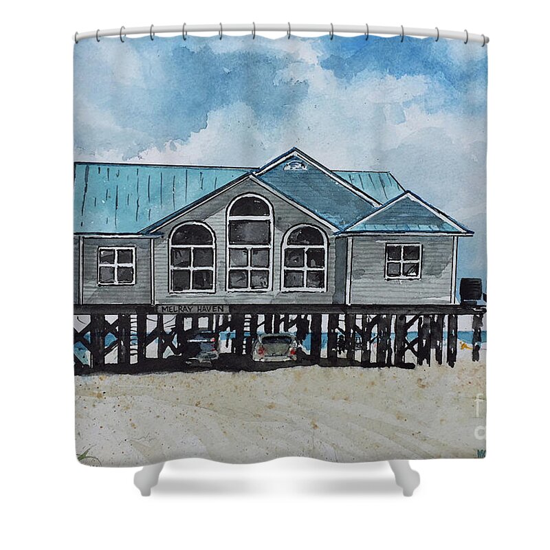A Beautiful Beach House On Dauphin Island Basks In The Sunlight Of A Summer Day. Shower Curtain featuring the painting Melray Haven by Monte Toon