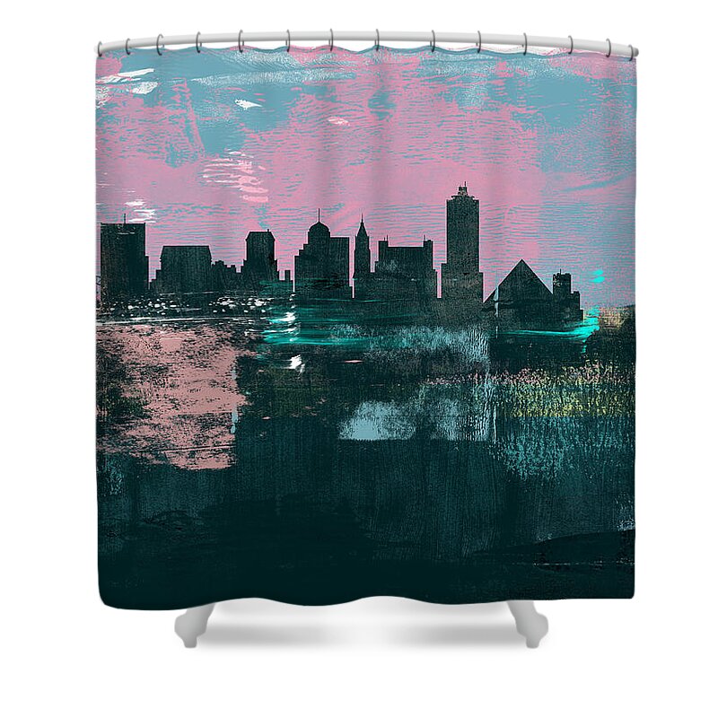 Memphis Shower Curtain featuring the mixed media Memphis Abstract Skyline I by Naxart Studio