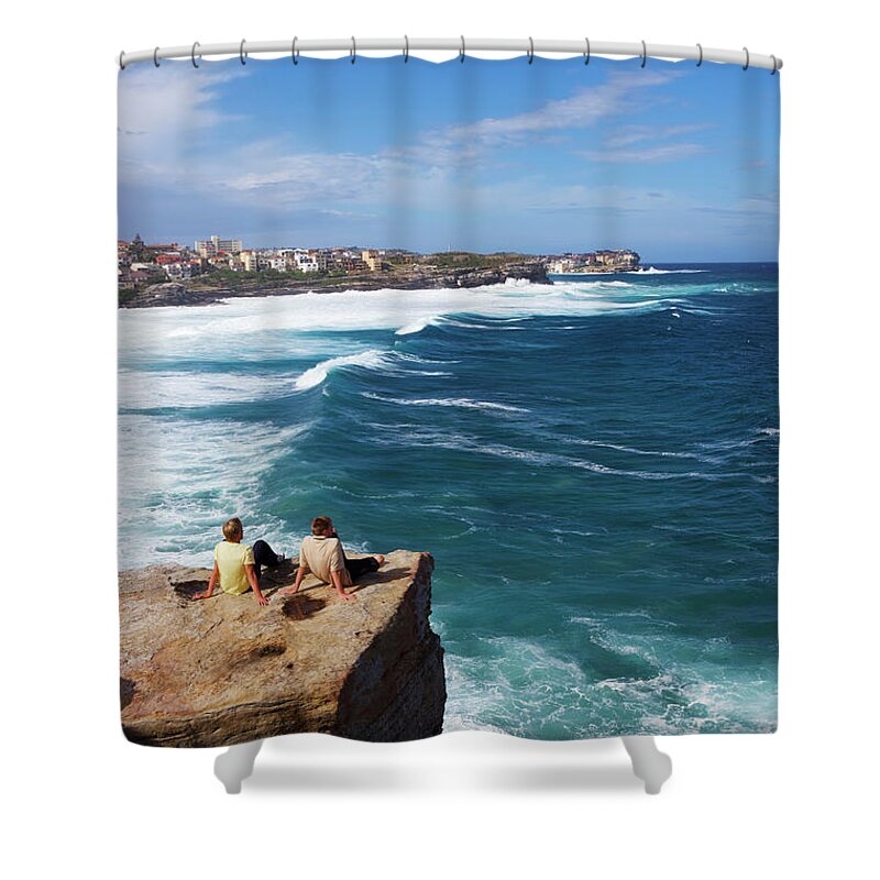 Scenics Shower Curtain featuring the photograph Men On Sea Rocks At Bronte Beach by Oliver Strewe