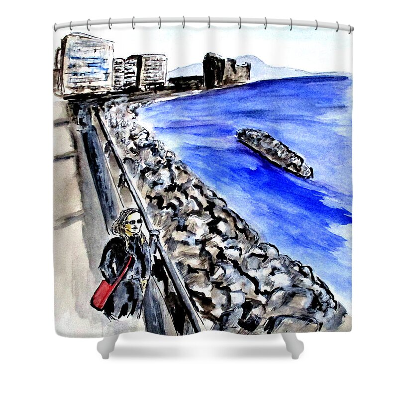 Naples Italy Shower Curtain featuring the painting Mergellina Walk by Clyde J Kell