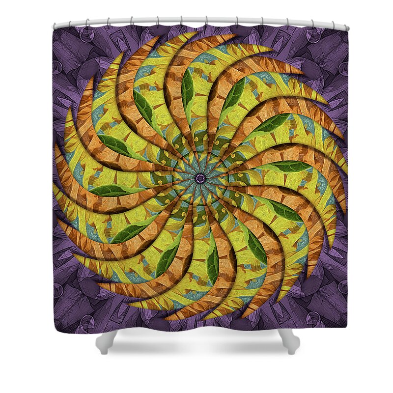 Spin-flower Mandala Shower Curtain featuring the digital art Merry Gold Dandiflower by Becky Titus