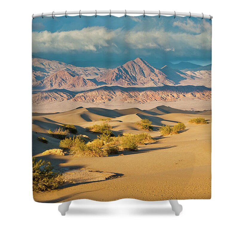 Amargosa Range Shower Curtain featuring the photograph Mesquite Flat Sand Dunes at Sunset by Jeff Goulden