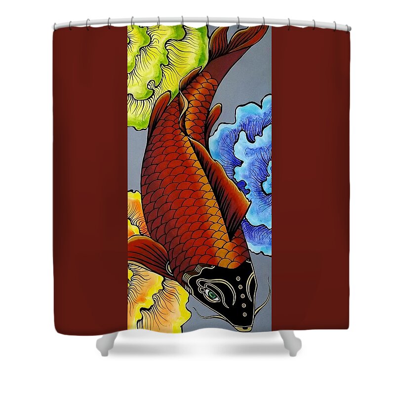  Shower Curtain featuring the painting Metallic Koi Fish by Bryon Stewart