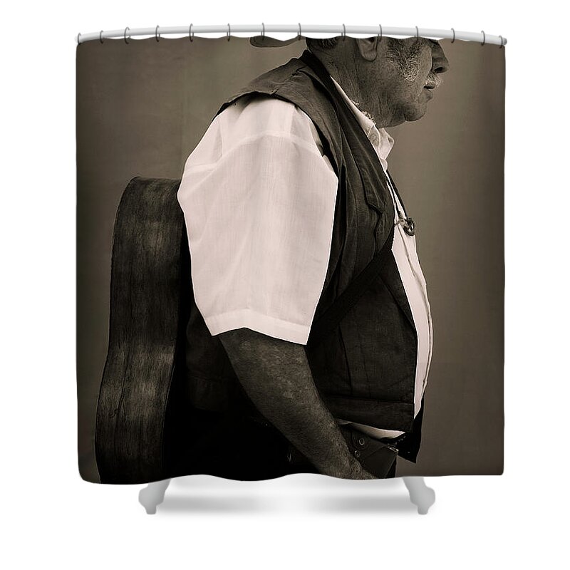 Mature Adult Shower Curtain featuring the photograph Mexican Guitar Player by Russell Monk
