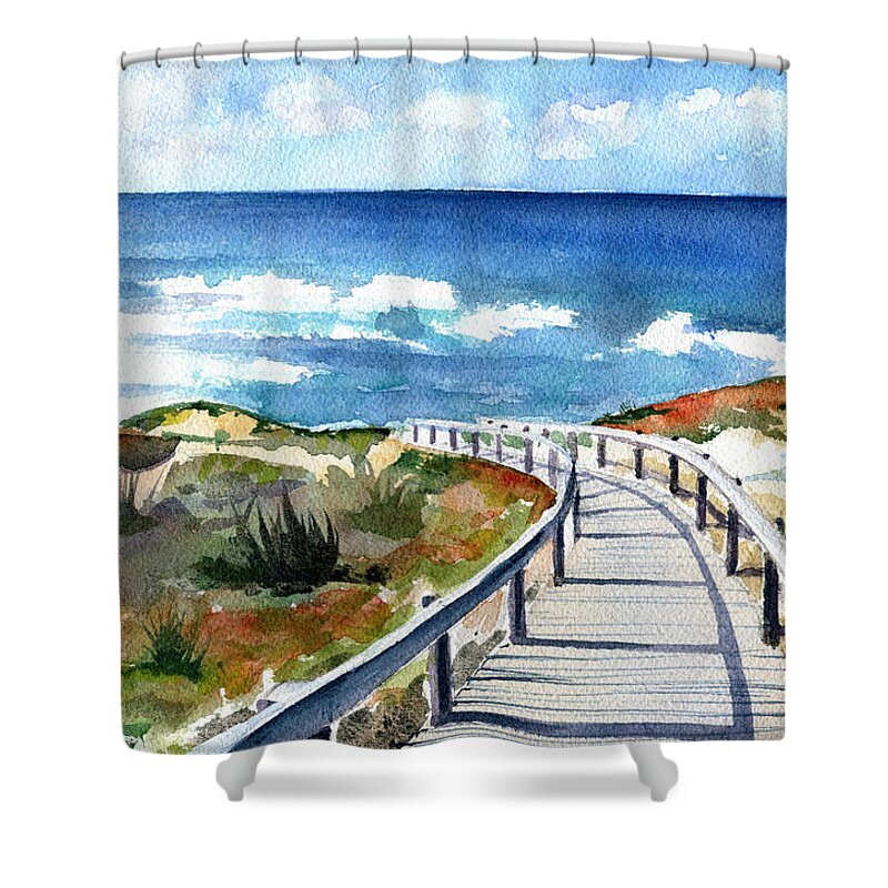 Portugal Shower Curtain featuring the painting Mexilhoeira Beach Santa Cruz Portugal by Dora Hathazi Mendes