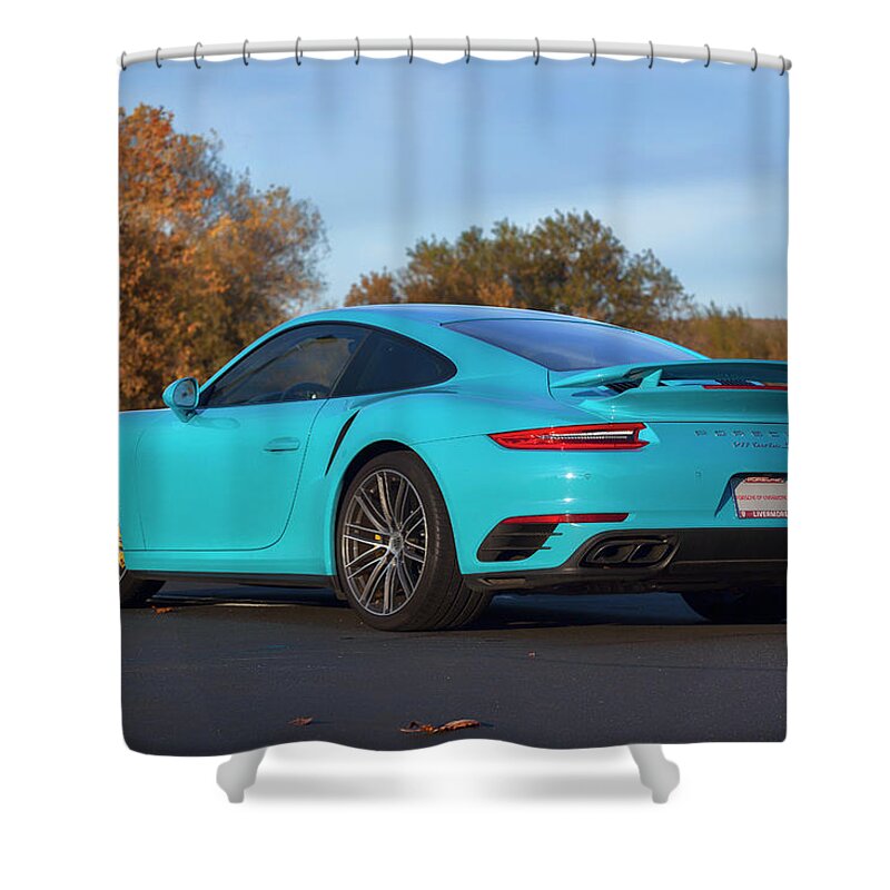 Cars Shower Curtain featuring the photograph #Miami #Blue #Porsche 911 #Turbo S #Print by ItzKirb Photography