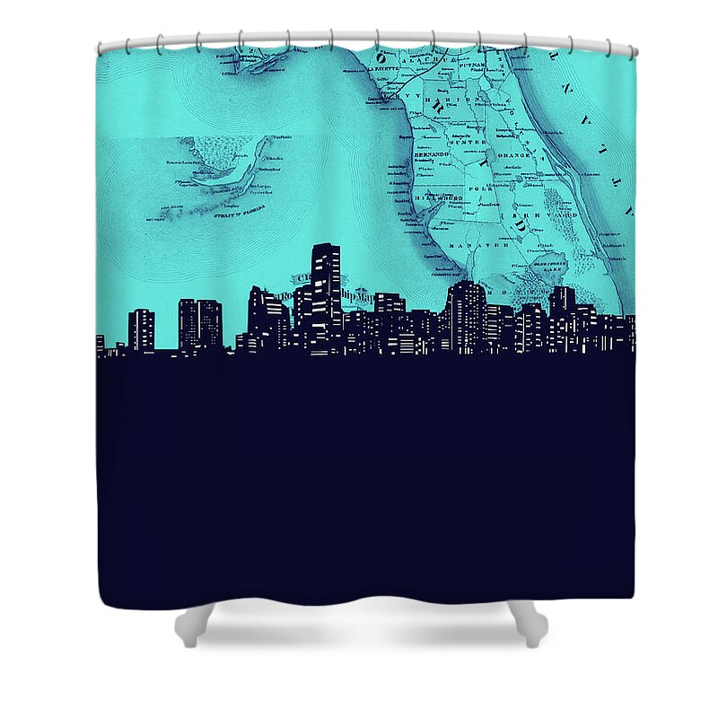 Miami Shower Curtain featuring the digital art Miami Skyline Map Turquoise by Bekim M
