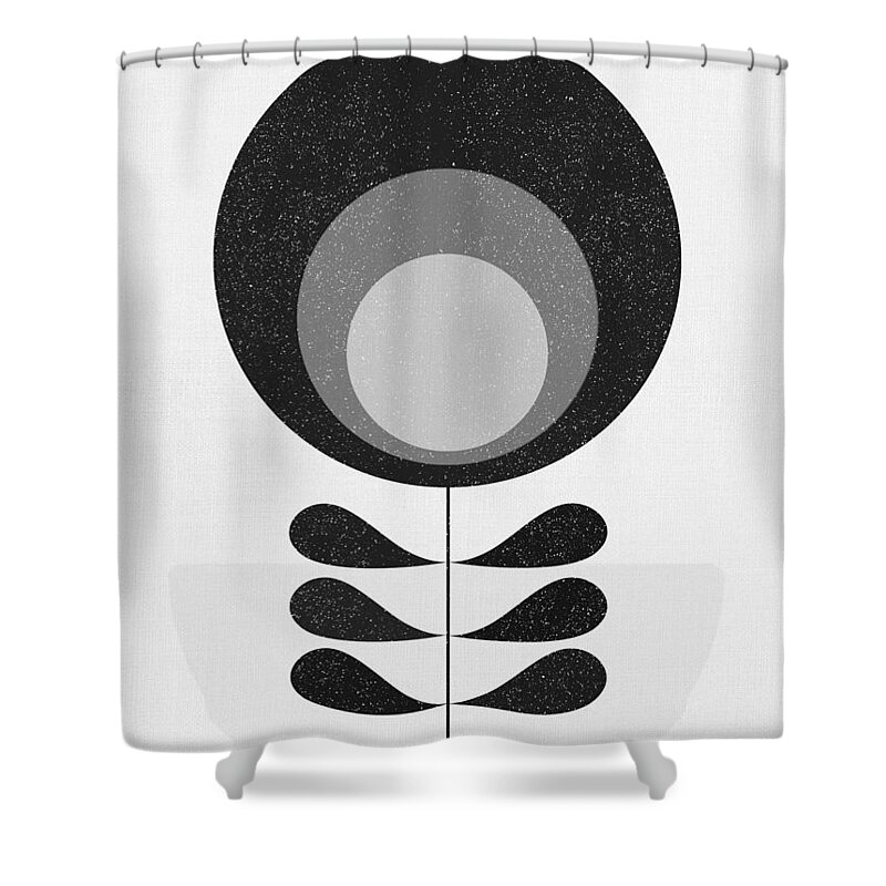 Black And White Shower Curtain featuring the mixed media Mid Century Black Flower I by Naxart Studio
